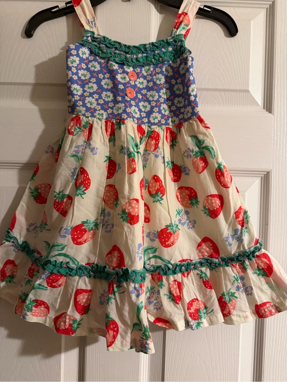 Matilda Jane Cream Strawberry Print Dress with Blue Floral Bodice